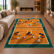 Volleyball Team on Court Rug in a living room with a fireplace