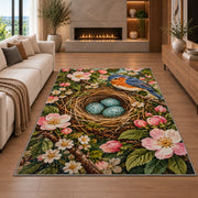 Bird Nest and Blue Eggs Rug in a living room with a fireplace