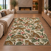 Leopard Pattern with Hibiscus Rug in a living room with a fireplace