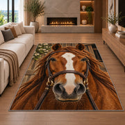 Horse Face Close-Up Rug in a living room with a fireplace