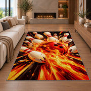 Flaming Bowling Ball Rug in a living room with a fireplace