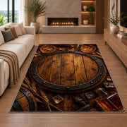 Oak Barrel Head Rug in a living room with a fireplace