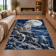 Snow Leopard Under Full Moon Rug in a living room with a fireplace
