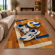 Volleyball Shoes on Court Rug in a living room with a fireplace