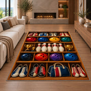 Bowling Gear Shelf Rug in a living room with a fireplace