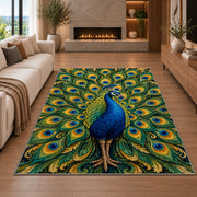 Peacock Feathers Rug in a living room with a fireplace