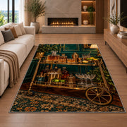 Vintage Bar Cart Rug in a living room with a fireplace