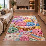 Happy Yarn Balls Nursery Rug in a living room with a fireplace