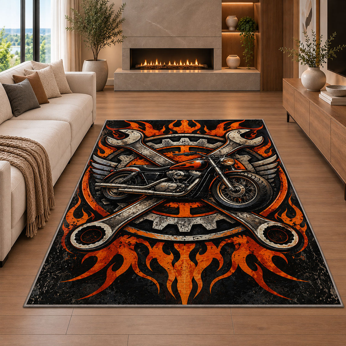Motorcycle and Crossed Wrenches Rug in a living room with a fireplace