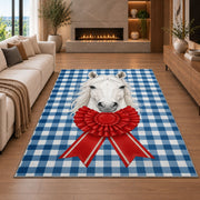 Gingham Horse and Rosette Rug in a living room with a fireplace