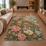 Chinoiserie Leopard and Peony Rug in a living room with a fireplace