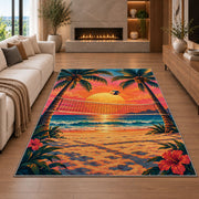 Volleyball Net Between Palms Rug in a living room with a fireplace