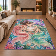 Three Mermaids and Shell Rug in a living room with a fireplace
