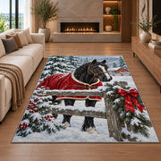 Horse in Winter Snow Rug in a living room with a fireplace