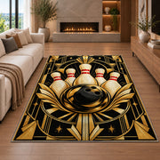 Art Deco Bowling Rug in a living room with a fireplace