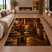 Copper Still Distillery Rug in a living room with a fireplace