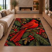 Cardinal on Black Rug in a living room with a fireplace