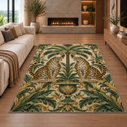 Twin Leopards and Palm Rug in a living room with a fireplace
