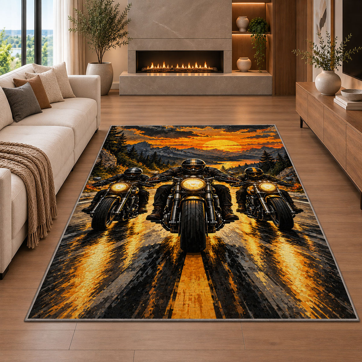Three Riders Headlights Rug in a living room with a fireplace