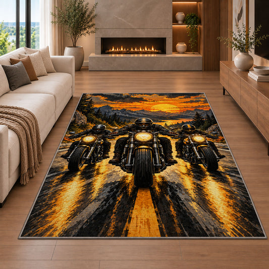Three Riders Headlights Rug in a living room with a fireplace