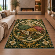 Vintage Engraved Yarn Rug in a living room with a fireplace