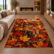 Whiskey and Maple Leaves Rug in a living room with a fireplace