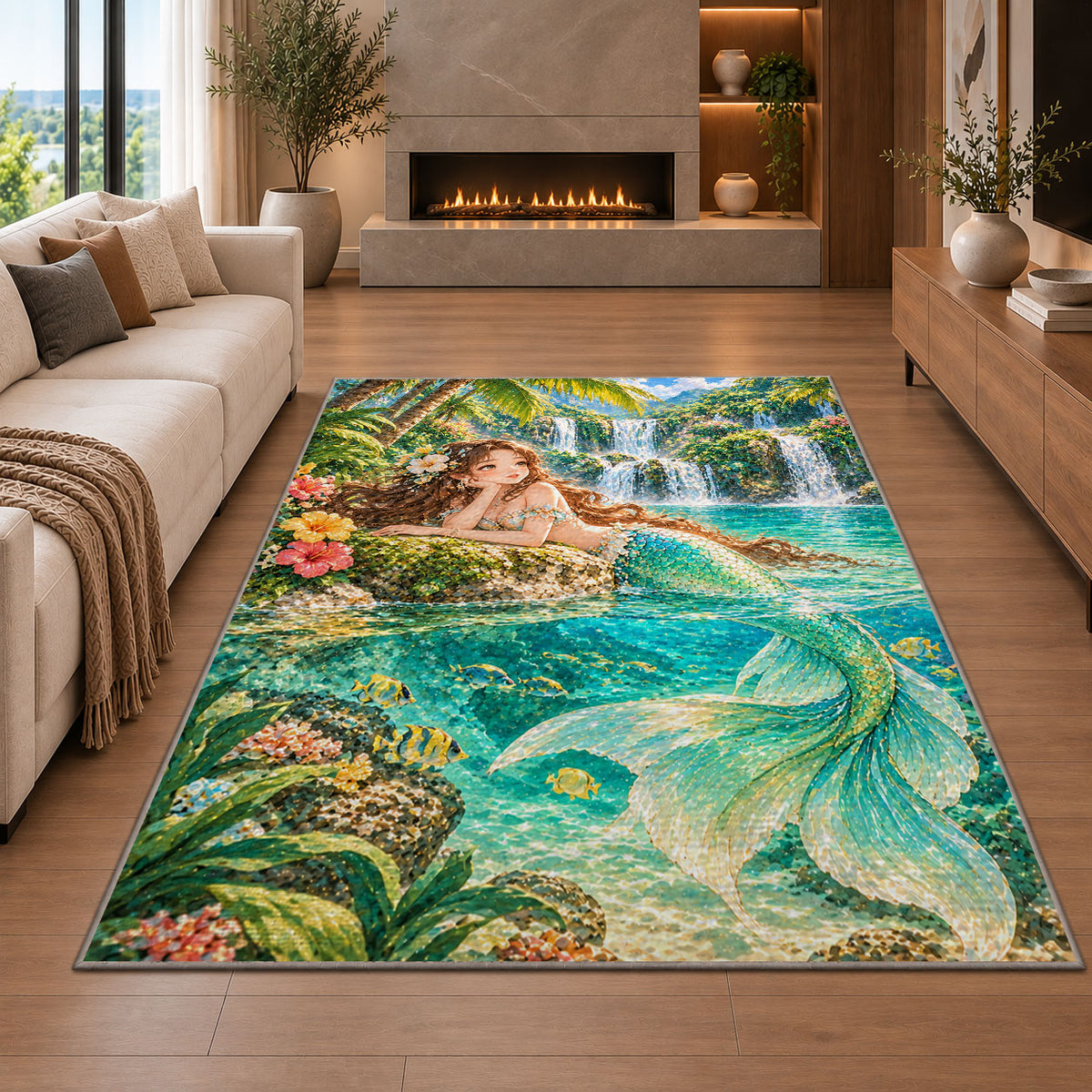 Tropical Lagoon Mermaid Rug in a living room with a fireplace