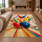 Colorful Falling Pins Rug in a living room with a fireplace