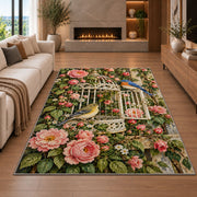 Vintage Birdcage and Roses Rug in a living room with a fireplace