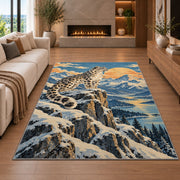 Retro Snow Leopard Poster Rug in a living room with a fireplace