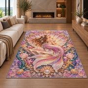 Mermaid in Seashell Frame Rug in a living room with a fireplace