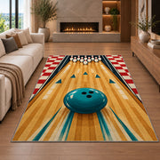 Bowling Lane and Checkers Rug in a living room with a fireplace