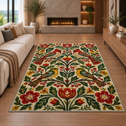 Folk Art Birds Rug in a living room with a fireplace