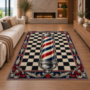 classic barber pole checkered rug in a living room with a fireplace