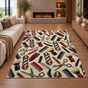 barber tools pattern rug in a living room with a fireplace