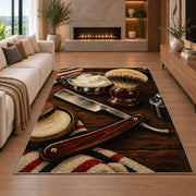 straight razor and shaving brush rug in a living room with a fireplace