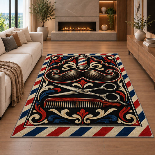 mustache and scissors barber rug in a living room with a fireplace