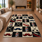 checkered barbershop icons rug in a living room with a fireplace