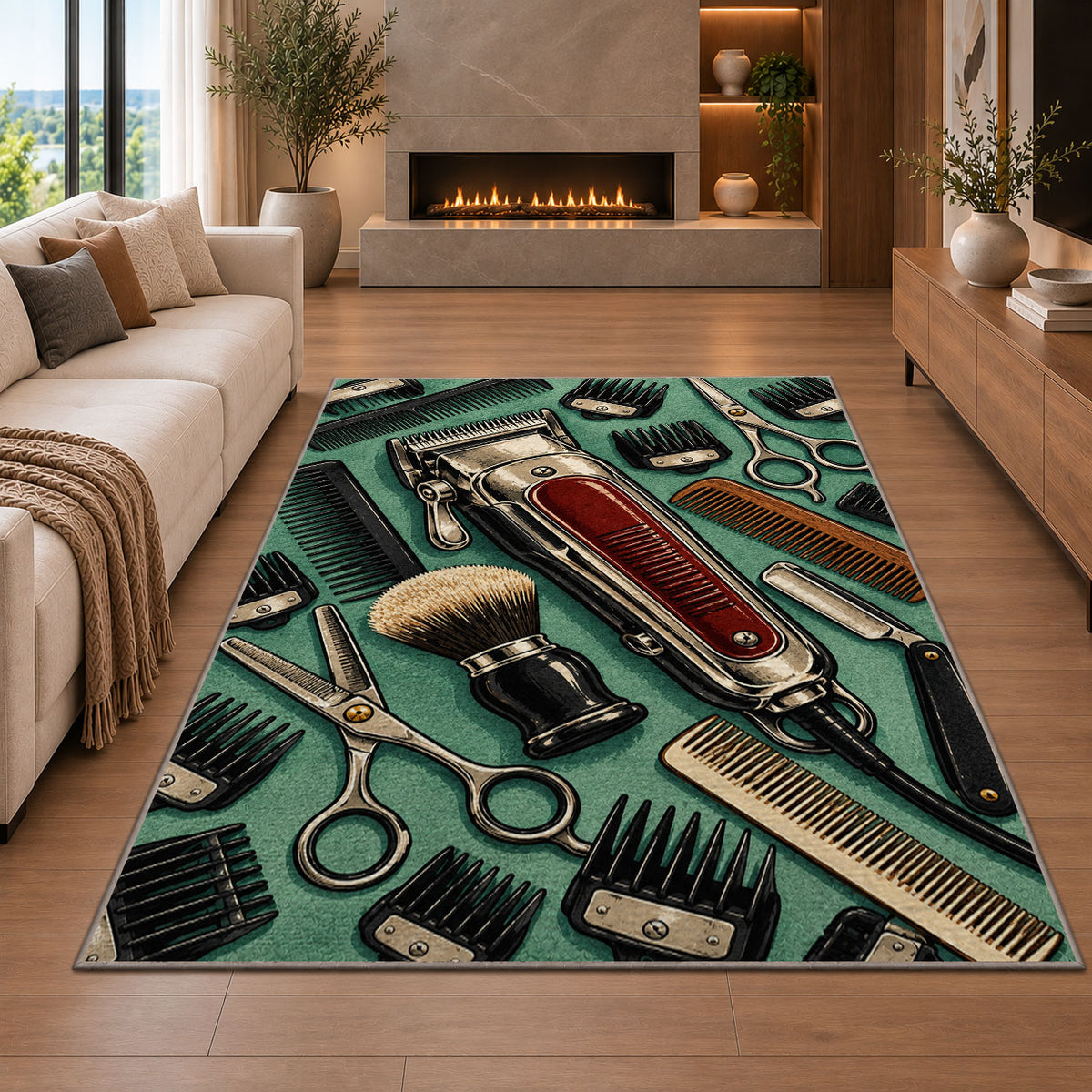 vintage hair clipper rug in a living room with a fireplace