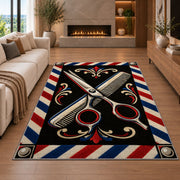 crossed scissors and comb rug in a living room with a fireplace
