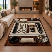 barber tools flat lay rug in a living room with a fireplace