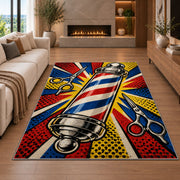 pop art barber pole rug in a living room with a fireplace