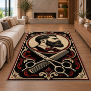 bearded gentleman barber rug in a living room with a fireplace