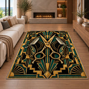 art deco barber rug in a living room with a fireplace