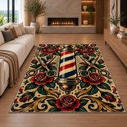 tattoo style barber pole rug in a living room with a fireplace