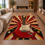 retro red electric guitar rug in a living room with a fireplace