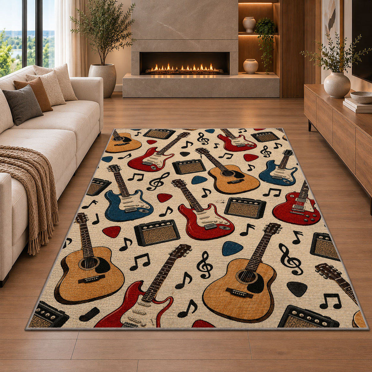 guitar pattern rug in a living room with a fireplace