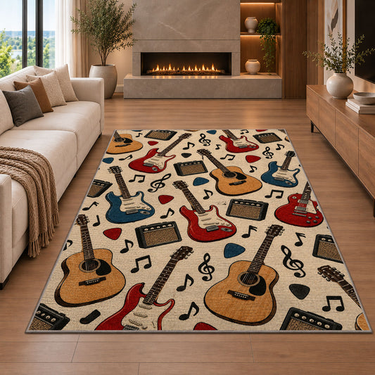 guitar pattern rug in a living room with a fireplace