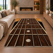 guitar fretboard rug in a living room with a fireplace