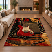 electric guitar and amp stage rug in a living room with a fireplace